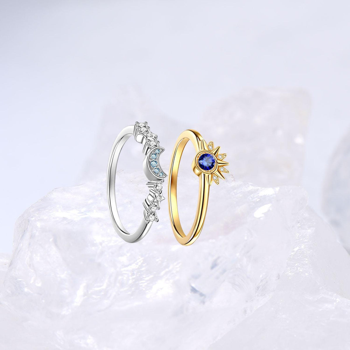Crescent Moon Blue Sapphire Engagement Ring Set Unique Sun And Moon Wedding Ring Art Deco Star Bridal Ring Set for Women