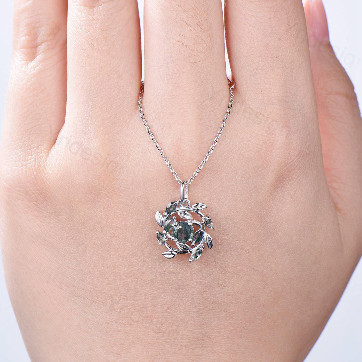 Handmade Blue Sandstone Necklace with Moss Agate, Nature Inspired Leaf Vine Pendant