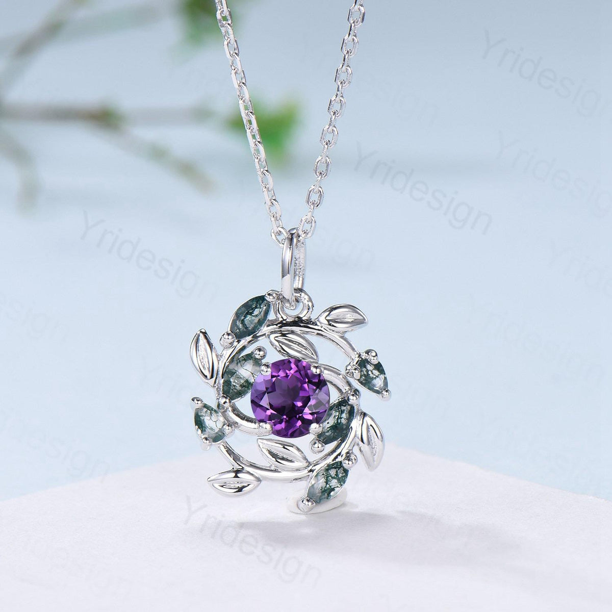 Unique Nature Inspired Lavender Amethyst Necklace Vintage Marquise and Pear Moss Agate Necklace Snowflake Pendant Anniversary gift for women
