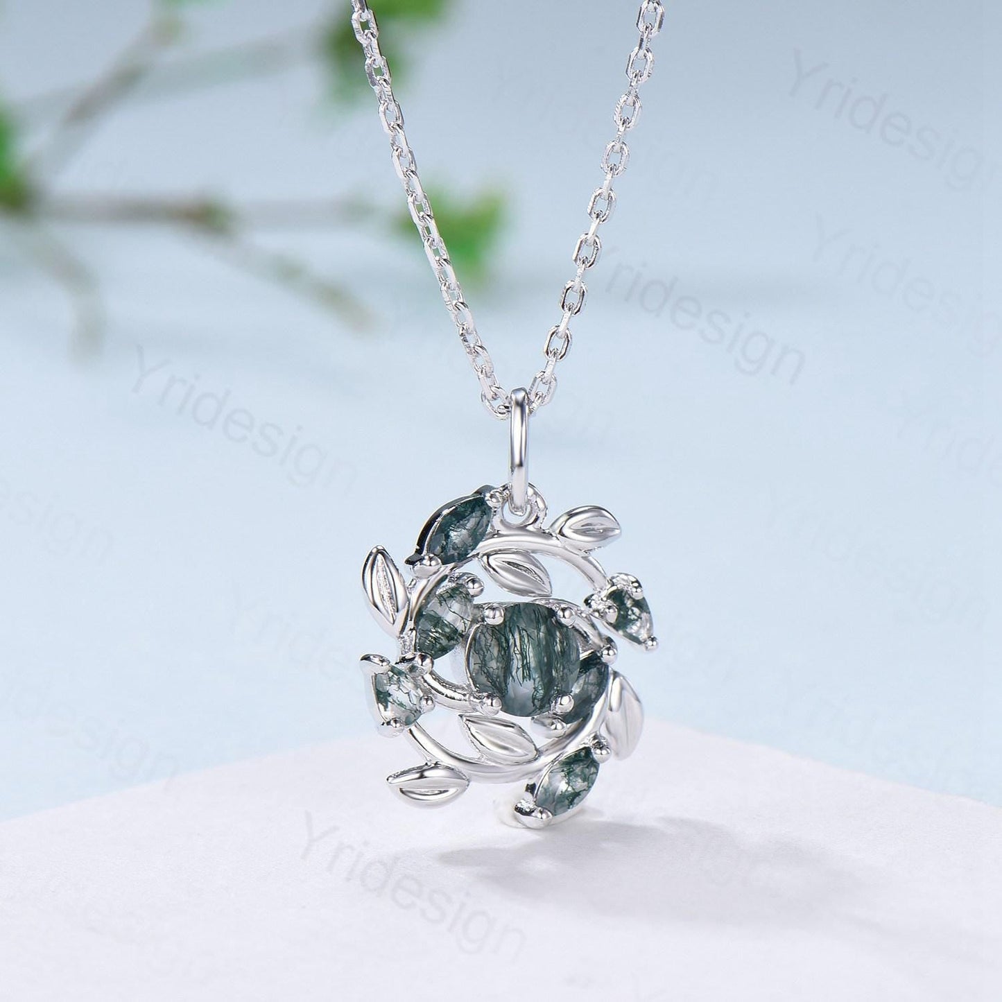 Unique Nature Inspired Lavender Amethyst Necklace Vintage Marquise and Pear Moss Agate Necklace Snowflake Pendant Anniversary gift for women