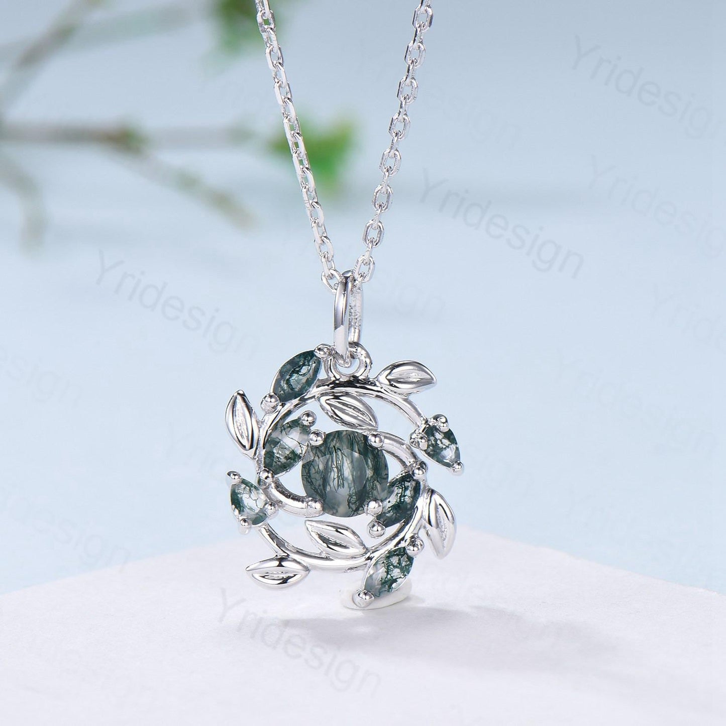 Handmade Blue Sandstone Necklace with Moss Agate, Nature Inspired Leaf Vine Pendant