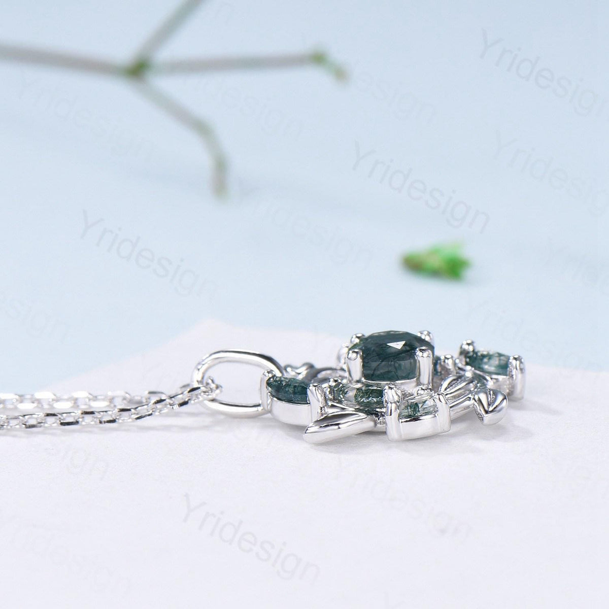 Unique Nature Inspired Lavender Amethyst Necklace Vintage Marquise and Pear Moss Agate Necklace Snowflake Pendant Anniversary gift for women