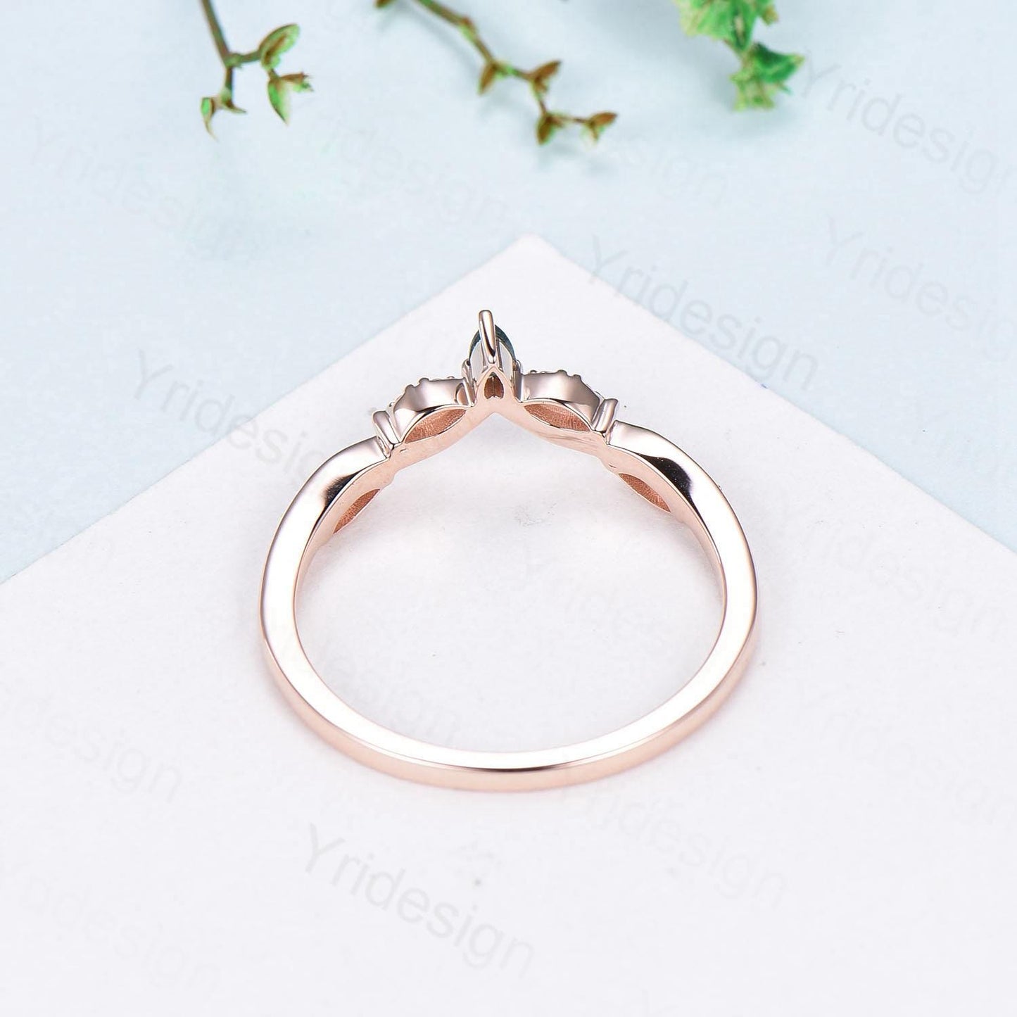 Pear Shaped And Marquise Moss Agate Wedding Band 14K Rose Gold Snowdrift Green Agate Stacking Wedding Ring Matching band Anniversary gift