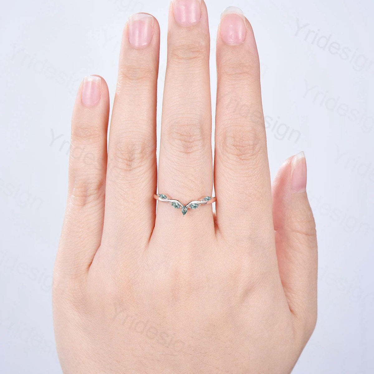 Pear Shaped And Marquise Moss Agate Wedding Band 14K Rose Gold Snowdrift Green Agate Stacking Wedding Ring Matching band Anniversary gift