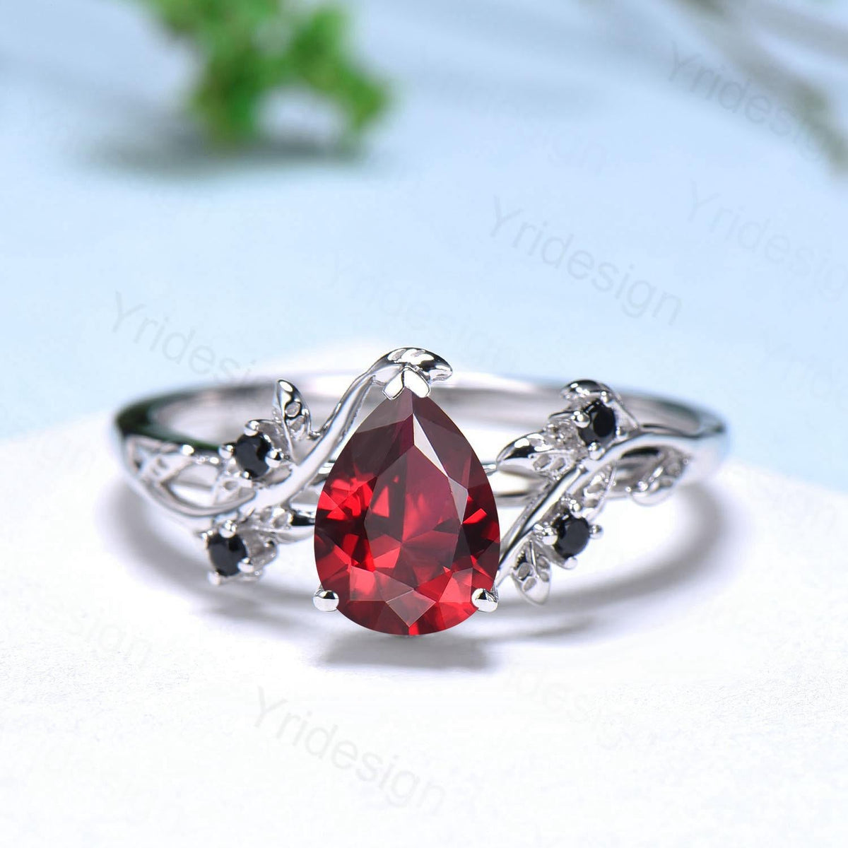 Pear shaped natural garnet ring set Nature inspired garnet engagement ring leaf vine black spinel band January birthstone bridal set women