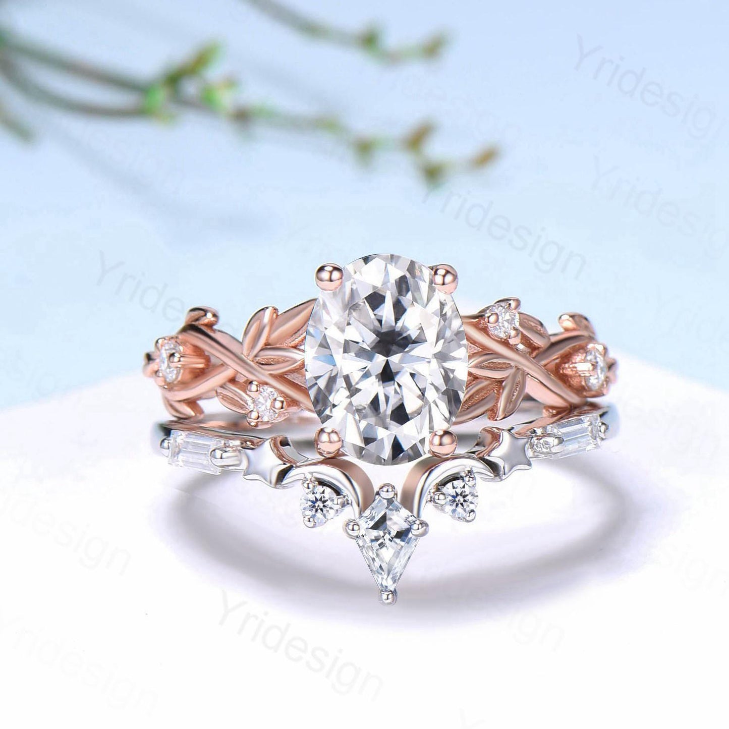 1.5CT Oval Moissanite Engagement Ring Set Nature Inspired Moissanite Wedding Set Unique Moon Star Stacking Matching Band Anniversary Gift