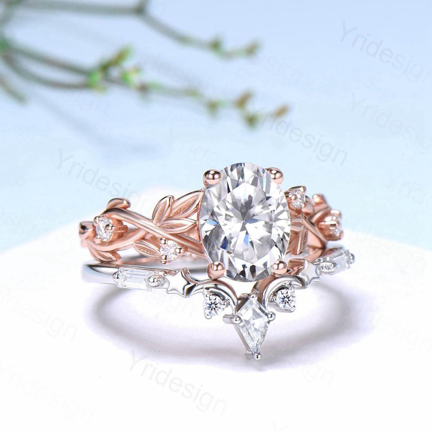 1.5CT Oval Moissanite Engagement Ring Set Nature Inspired Moissanite Wedding Set Unique Moon Star Stacking Matching Band Anniversary Gift