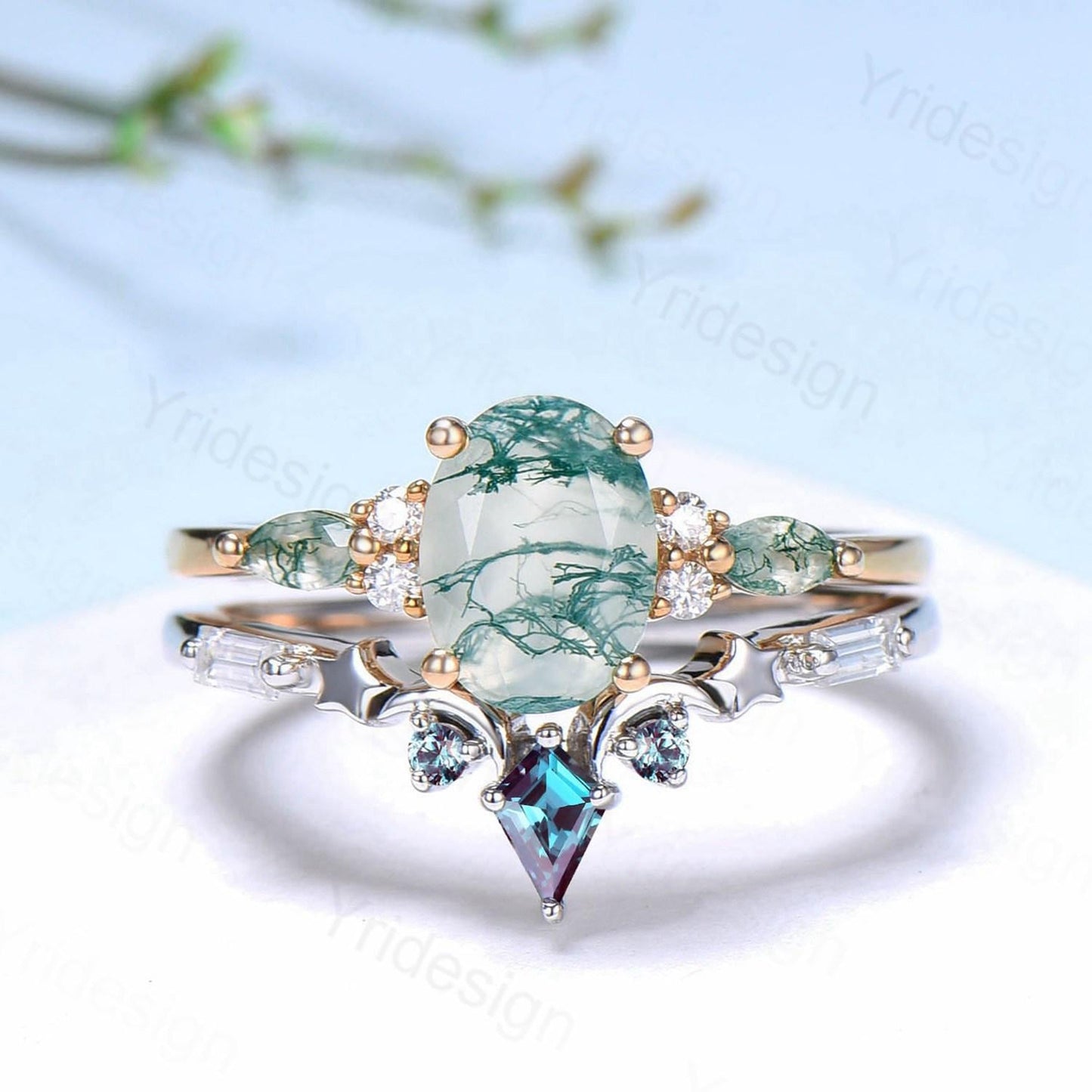 Unique Oval Cut Green Moss Agate Engagement Ring Set Vintage Sterling Silver Star Moon Alexandrite Ring Art Deco 2pcs Bridal Ring Set Women