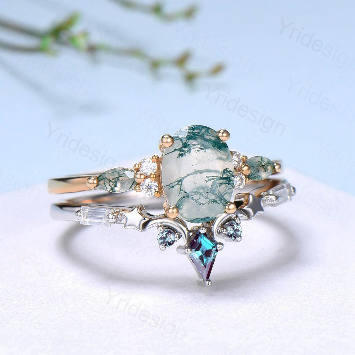 Unique Oval Cut Green Moss Agate Engagement Ring Set Vintage Sterling Silver Star Moon Alexandrite Ring Art Deco 2pcs Bridal Ring Set Women