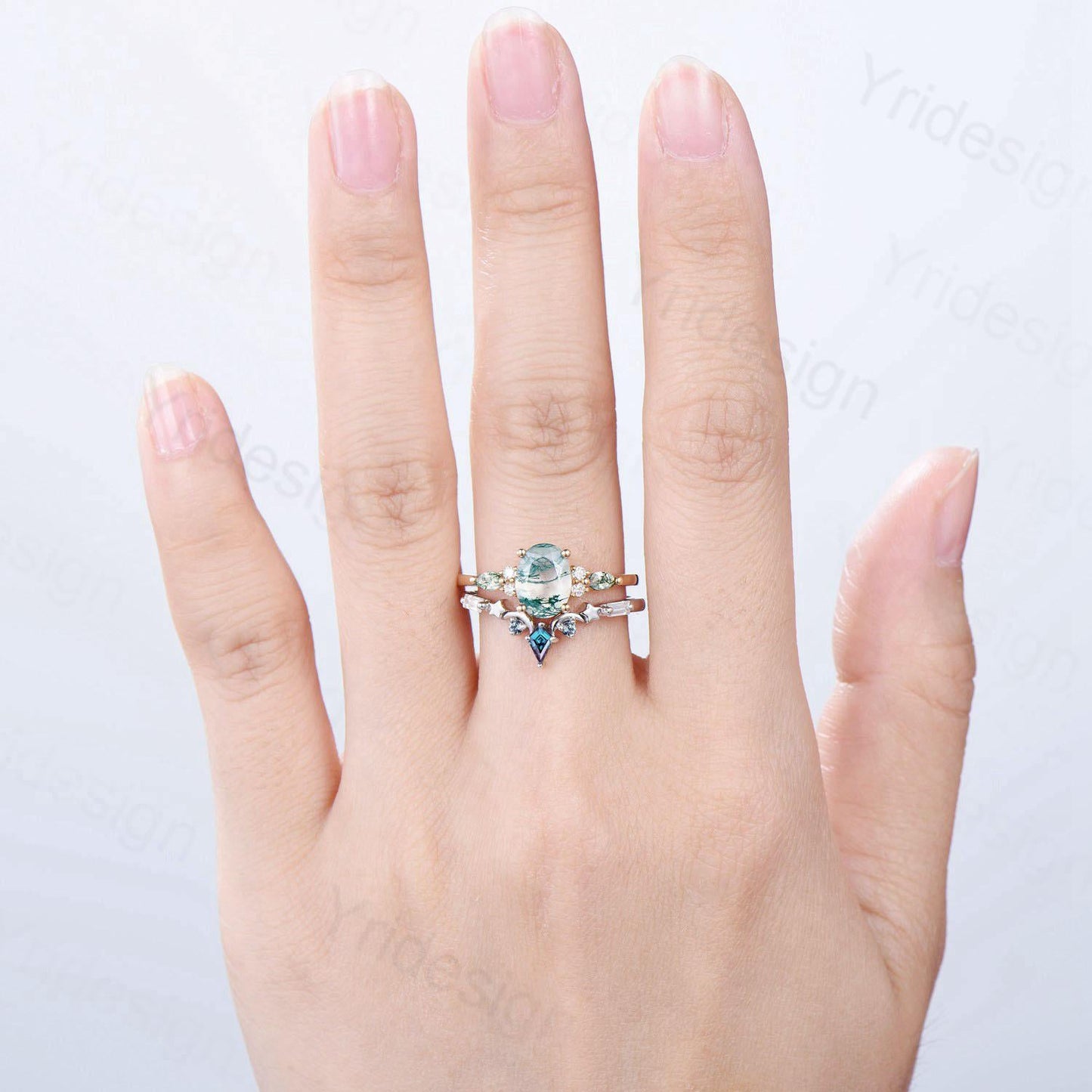 Unique Oval Cut Green Moss Agate Engagement Ring Set Vintage Sterling Silver Star Moon Alexandrite Ring Art Deco 2pcs Bridal Ring Set Women
