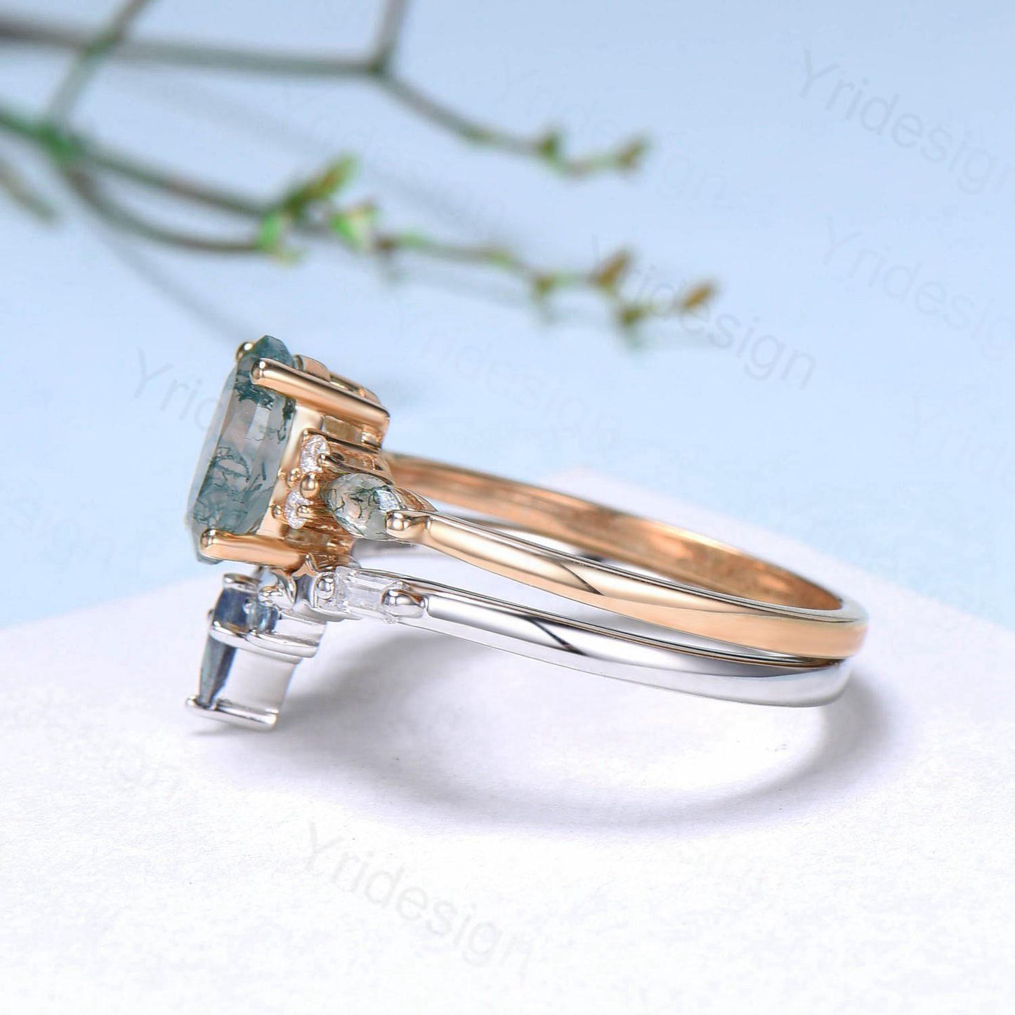 Unique Oval Cut Green Moss Agate Engagement Ring Set Vintage Sterling Silver Star Moon Alexandrite Ring Art Deco 2pcs Bridal Ring Set Women
