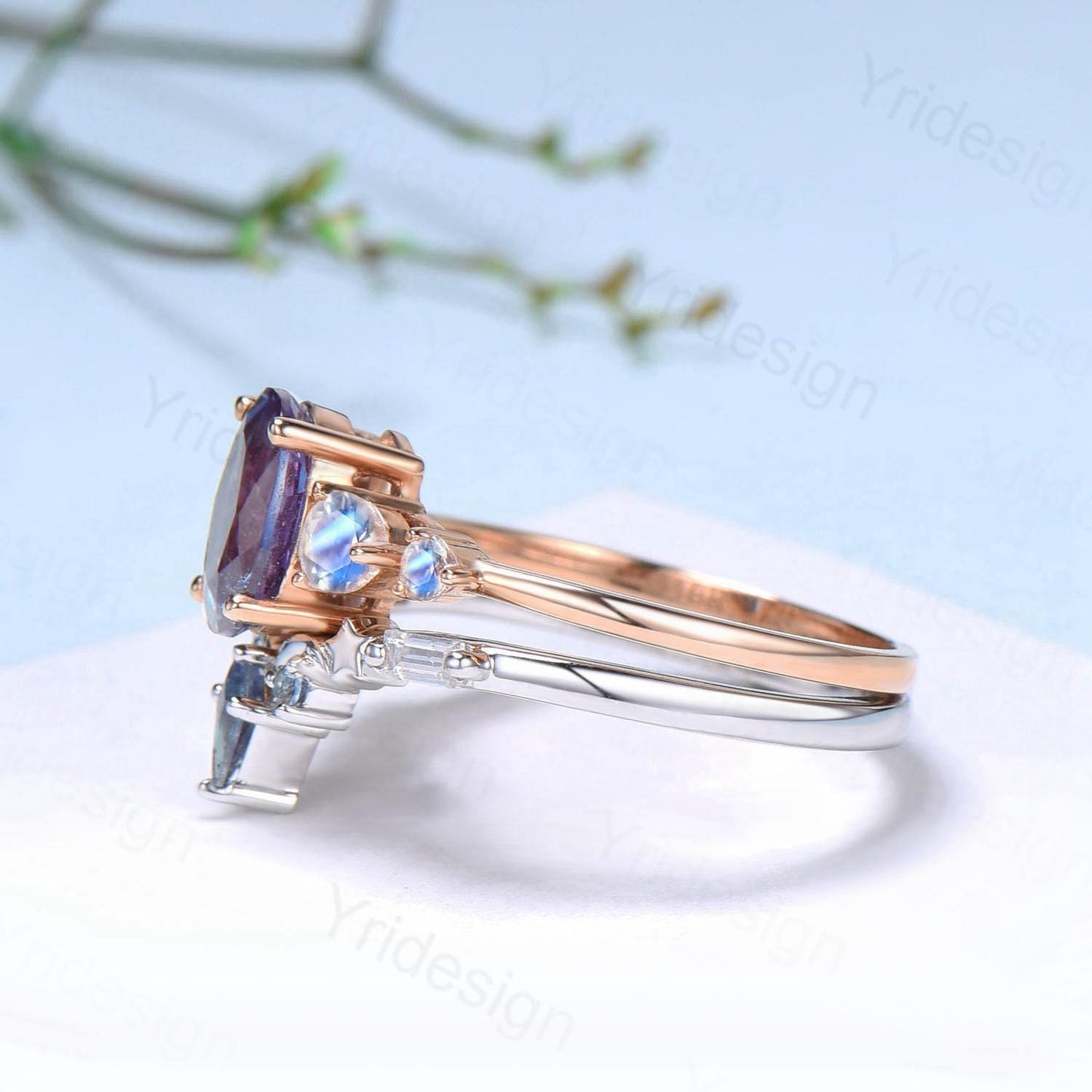 Unique Oval Alexandrite Engagement Ring Set Five Stone Moonstone Wedding Ring Set Moon Star Promise Stacking Band Bridal Set June Birthstone