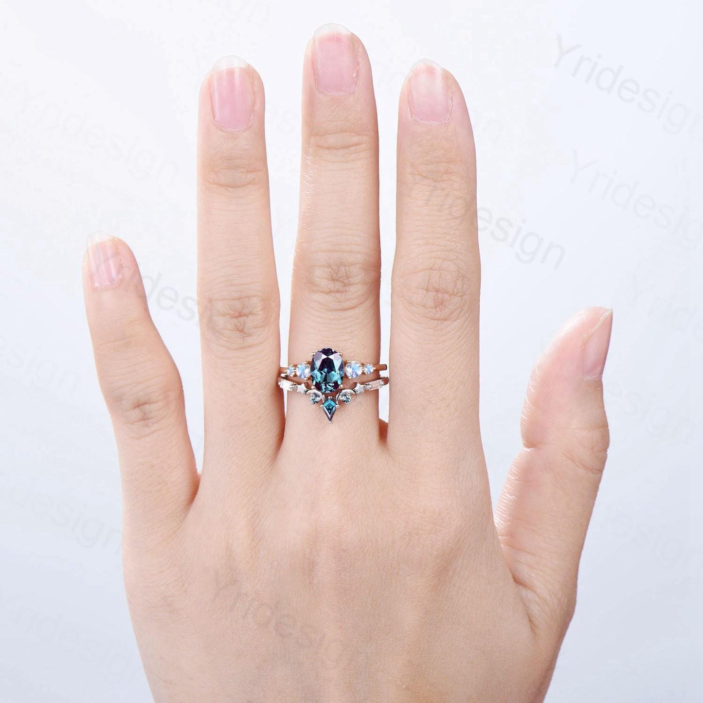 Unique Oval Alexandrite Engagement Ring Set Five Stone Moonstone Wedding Ring Set Moon Star Promise Stacking Band Bridal Set June Birthstone
