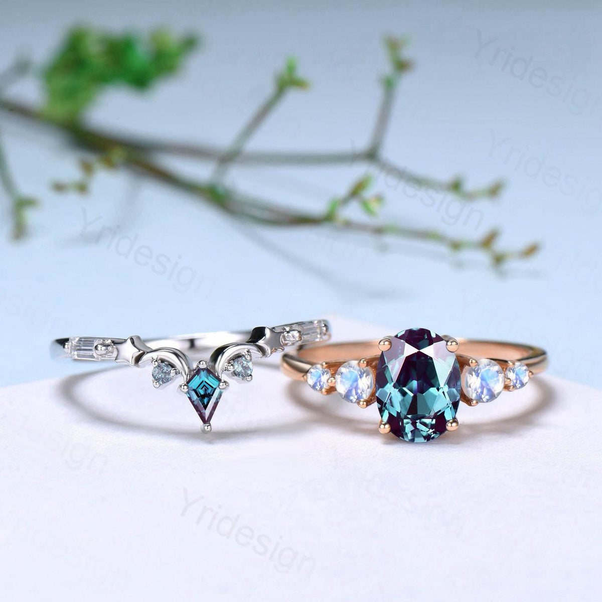 Unique Oval Alexandrite Engagement Ring Set Five Stone Moonstone Wedding Ring Set Moon Star Promise Stacking Band Bridal Set June Birthstone