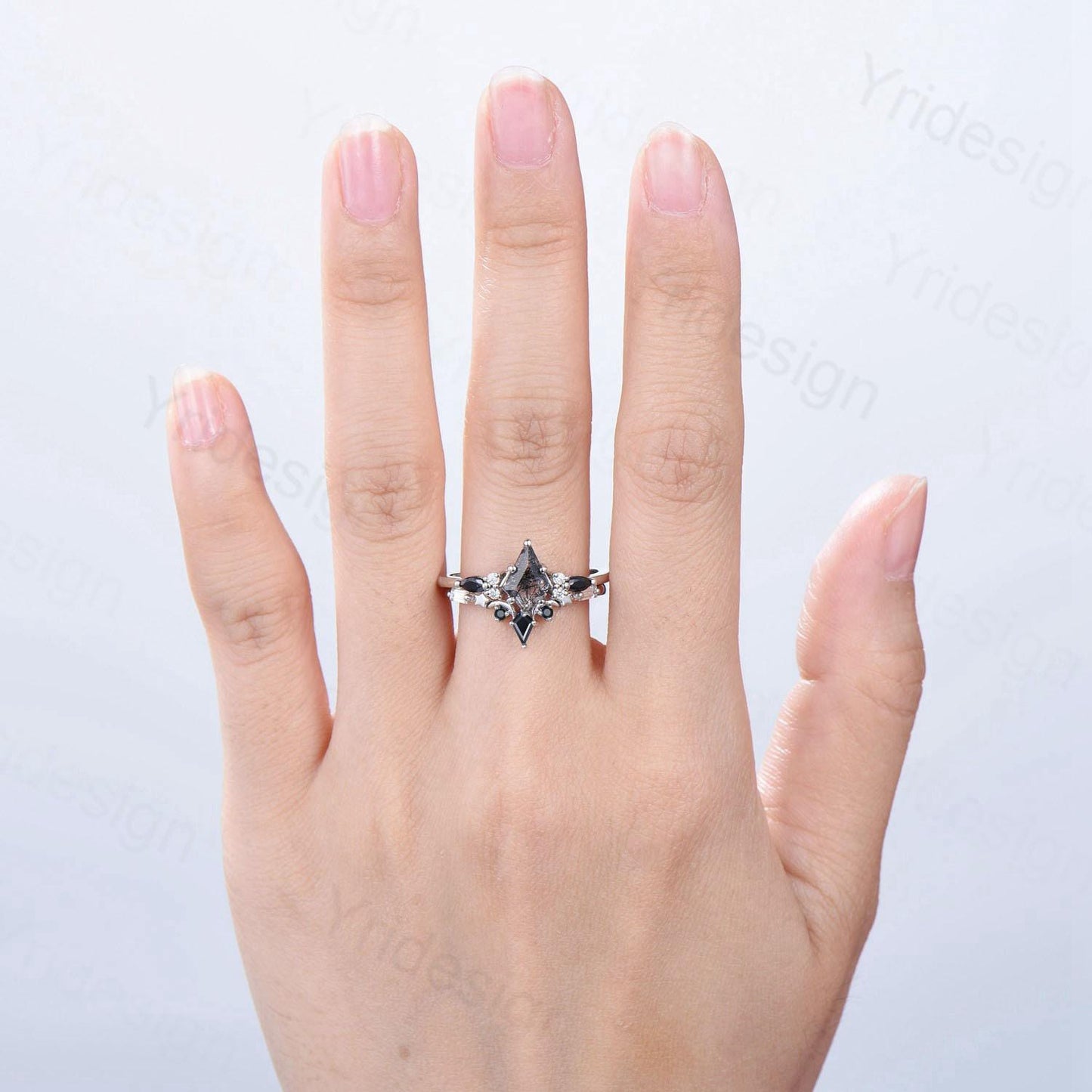 Vintage black rutilated quartz engagement ring kite cut seven stone marquise cut spinel wedding ring moon star anniversary promise ring gift