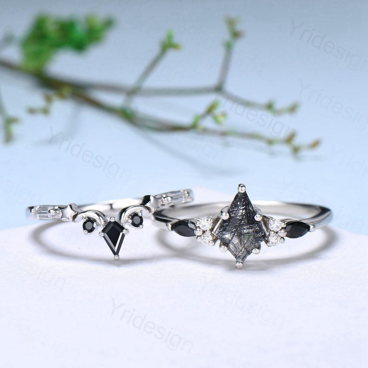 Vintage black rutilated quartz engagement ring kite cut seven stone marquise cut spinel wedding ring moon star anniversary promise ring gift