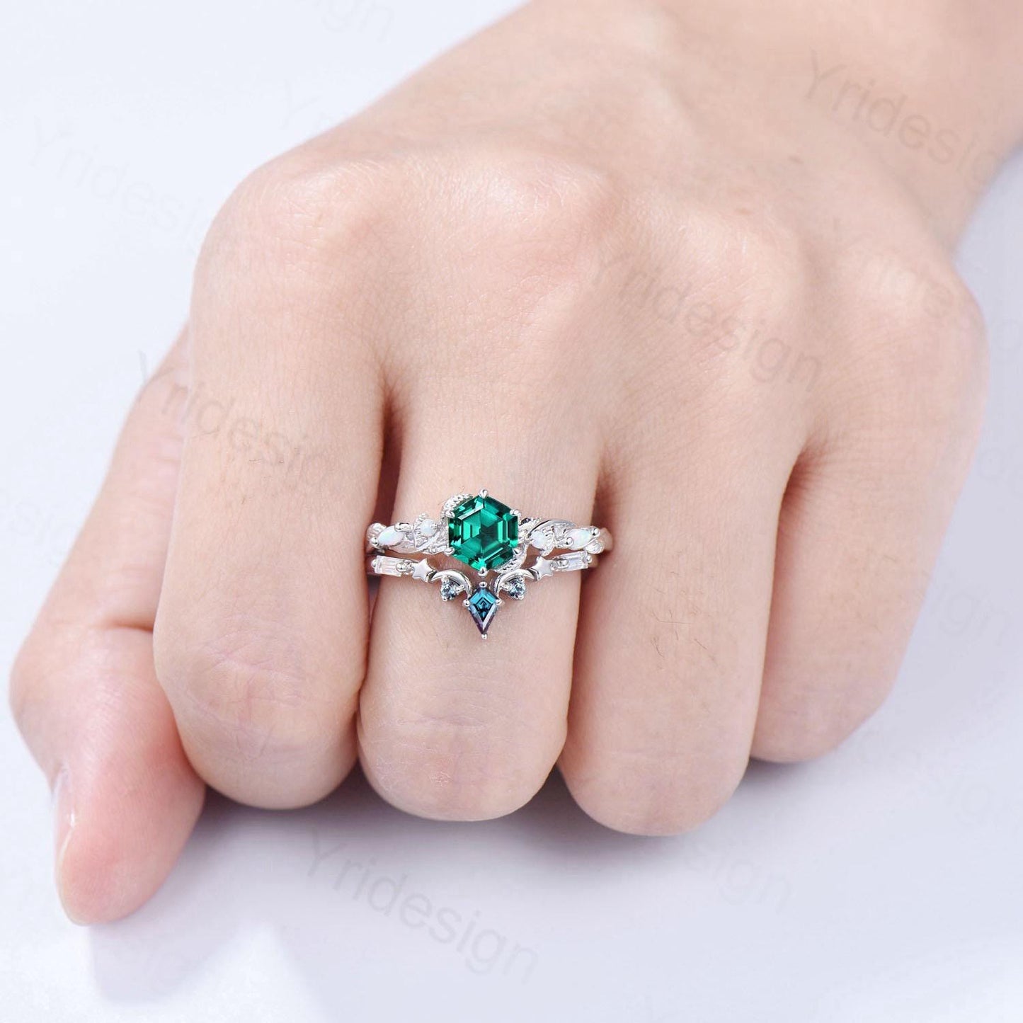 Unique emerald wedding ring set, Nature Inspired opal lab emerald engagement ring set, moon star alexandrite stacking band bridal set women