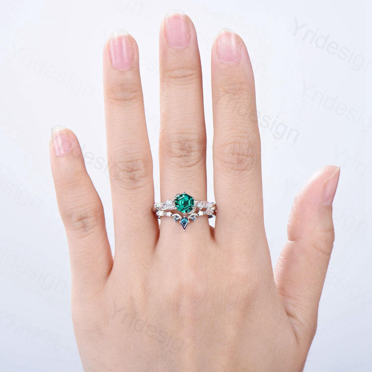 Unique emerald wedding ring set, Nature Inspired opal lab emerald engagement ring set, moon star alexandrite stacking band bridal set women