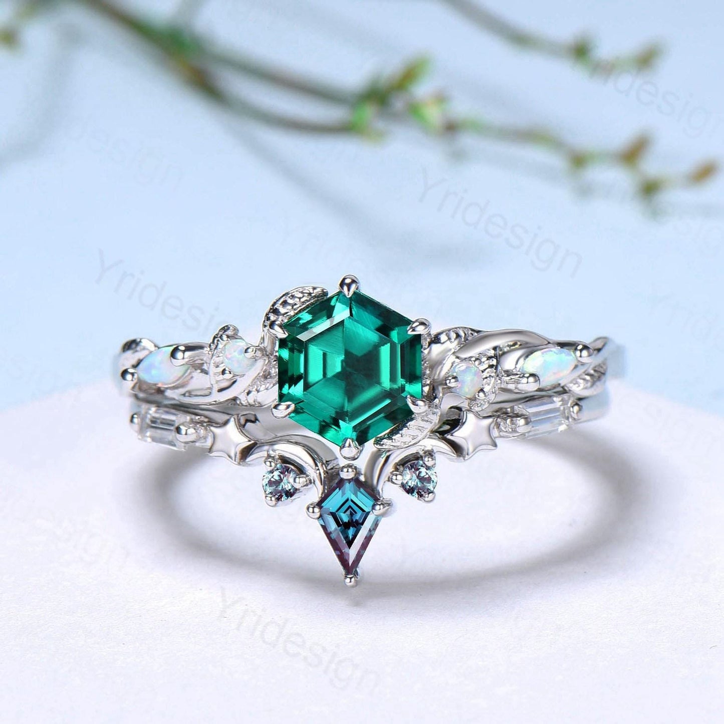 Unique emerald wedding ring set, Nature Inspired opal lab emerald engagement ring set, moon star alexandrite stacking band bridal set women