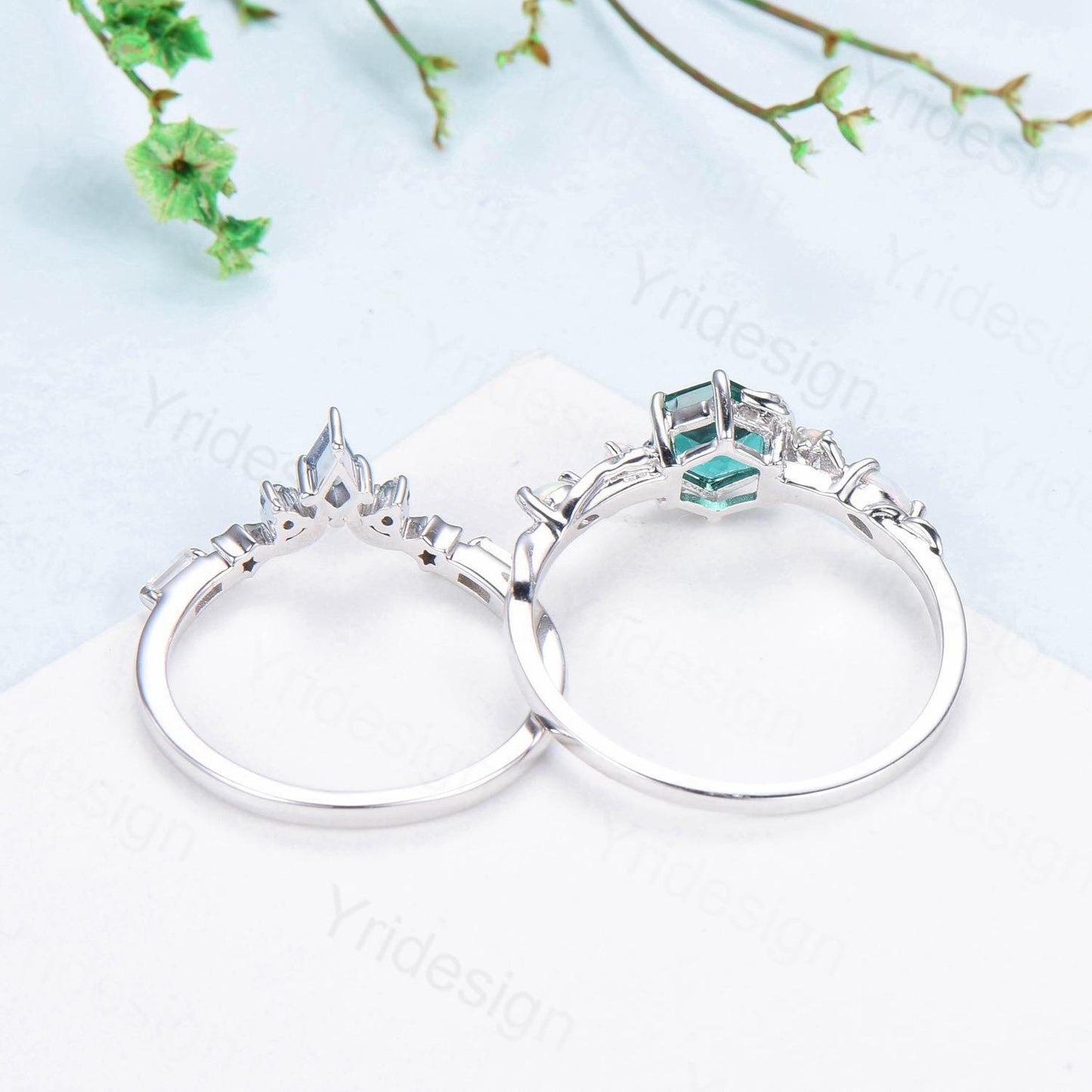 Unique emerald wedding ring set, Nature Inspired opal lab emerald engagement ring set, moon star alexandrite stacking band bridal set women