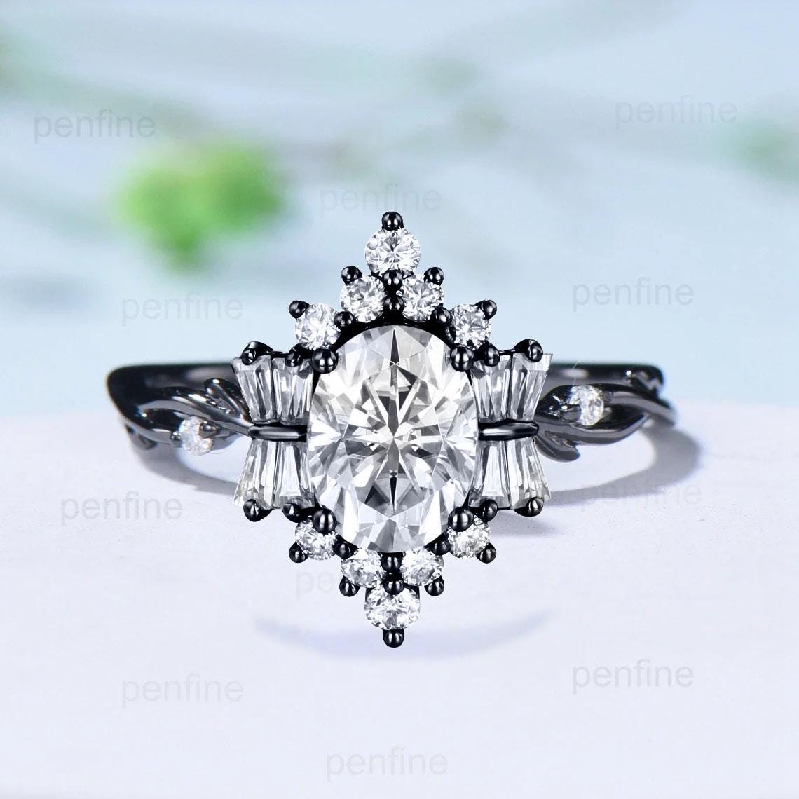 Vintage Black Gold Moissanite Ring Unique Luxury 1.5Carat Oval Moissanite Engagement Ring Art Deco Wedding Ring Unique Twig Anniversary Gift