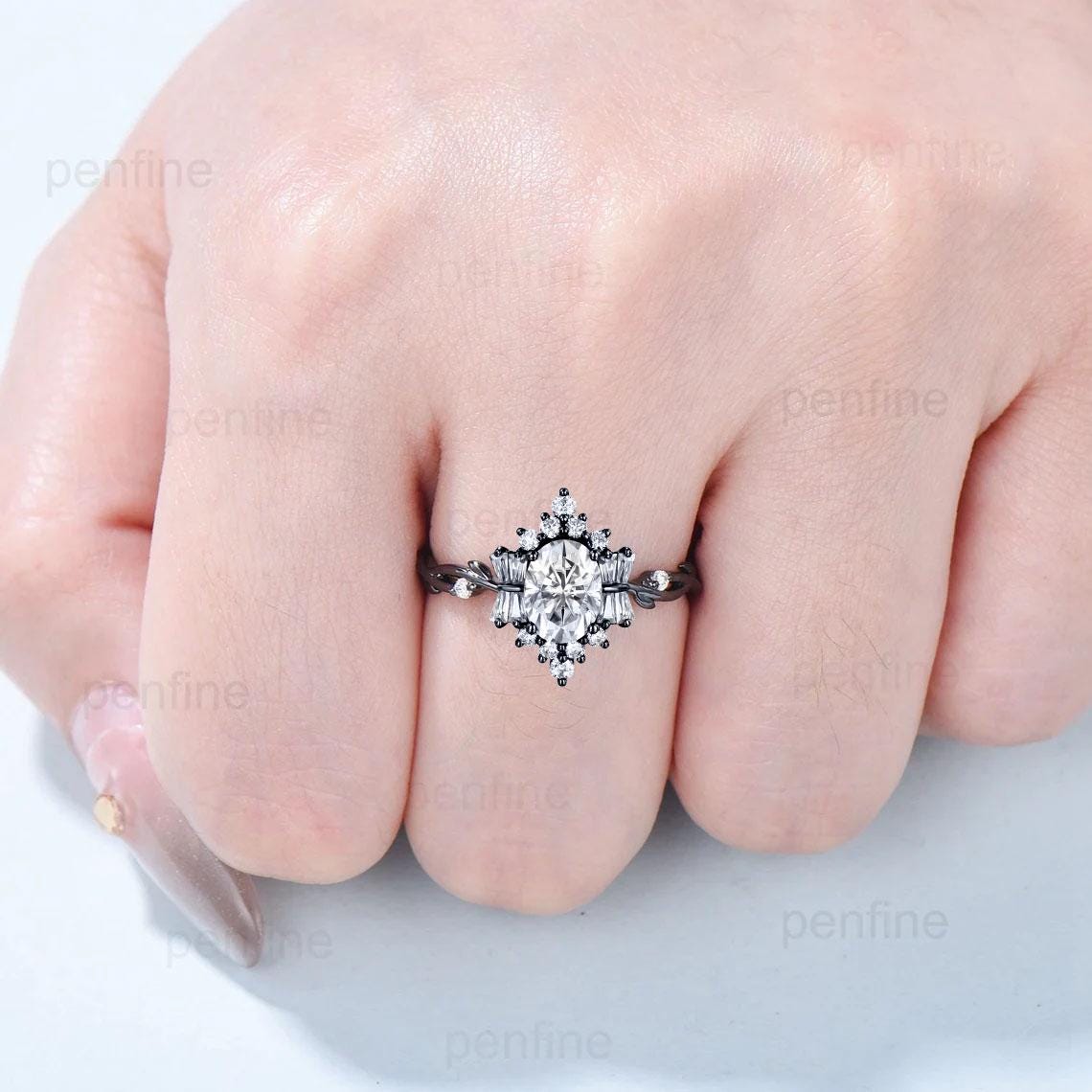 Vintage Black Gold Moissanite Ring Unique Luxury 1.5Carat Oval Moissanite Engagement Ring Art Deco Wedding Ring Unique Twig Anniversary Gift