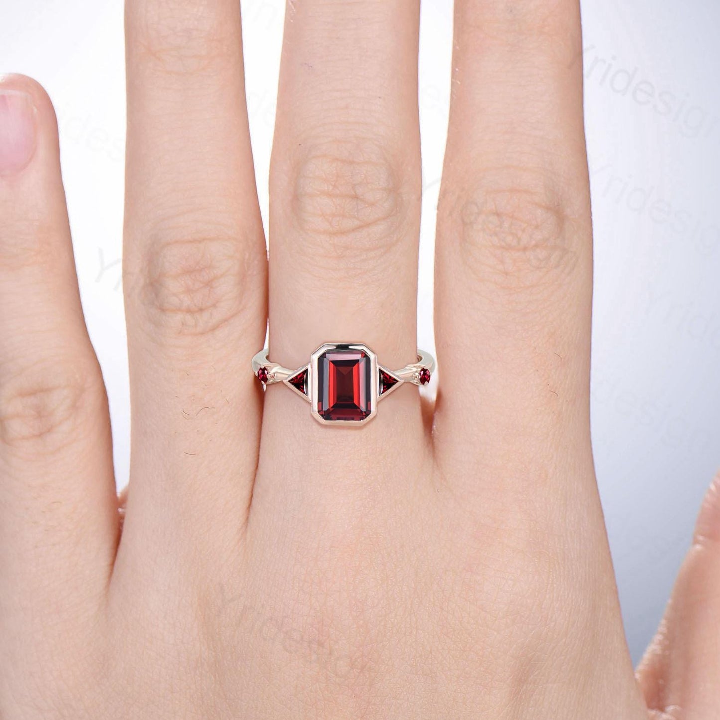Unique Bezel Set Emerald Cut Garnet Engagement Ring Art Deco Trillion January Birthstone Wedding Ring Wedding Bridal Promise Gift for Women