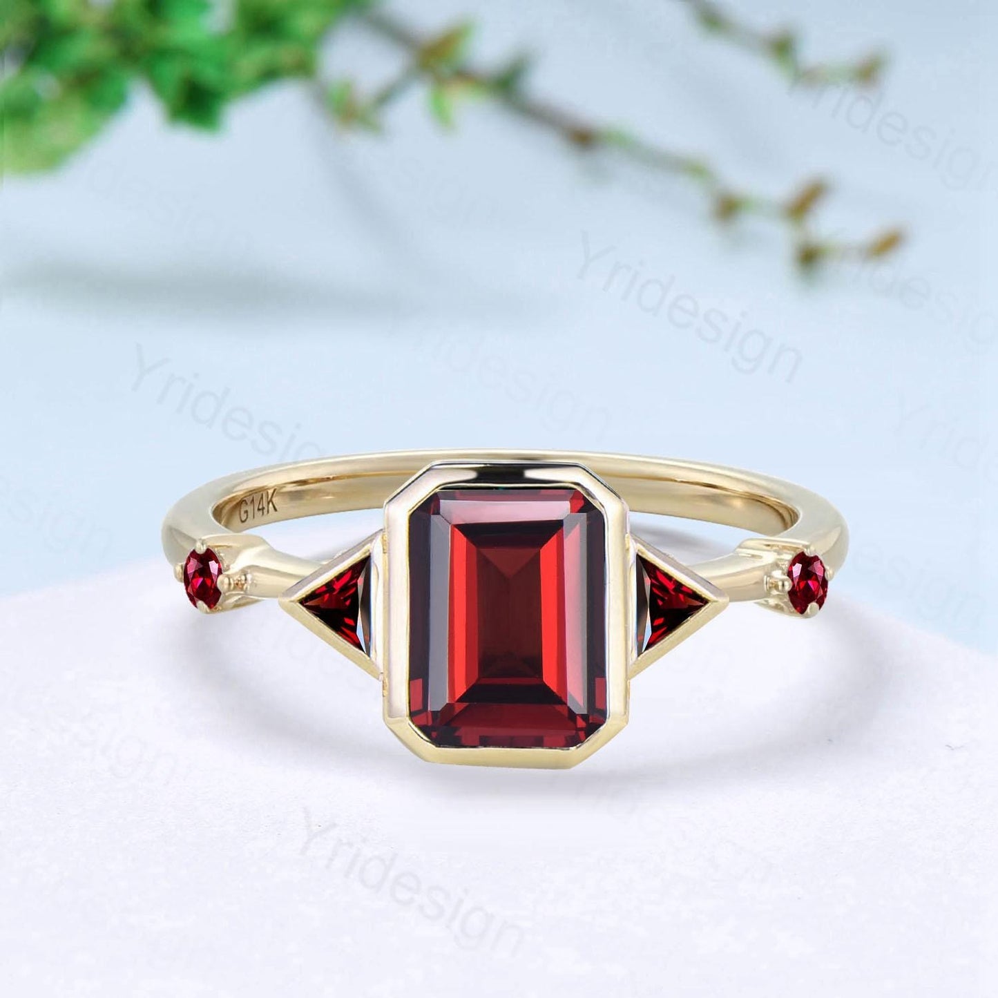 Unique Bezel Set Emerald Cut Garnet Engagement Ring Art Deco Trillion January Birthstone Wedding Ring Wedding Bridal Promise Gift for Women