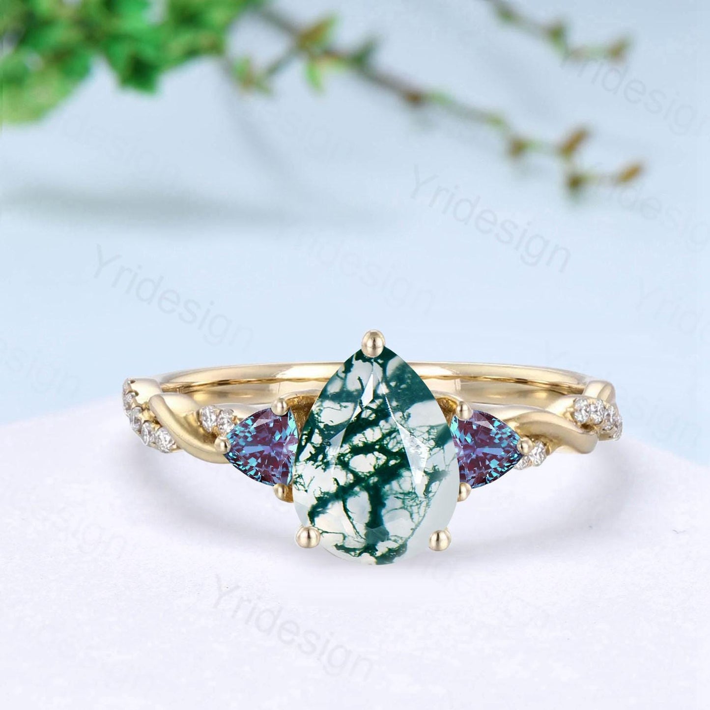 Unique pear shaped green moss agate engagement ring cluster trillion alexandrite wedding ring art deco twist infinity band anniversary ring