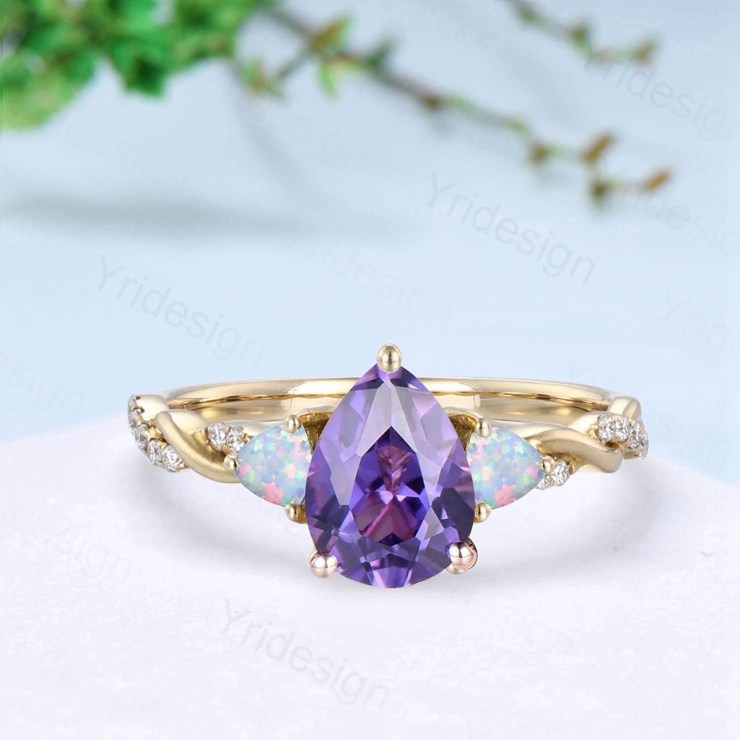 Unique pear shaped purple amethyst engagement ring cluster trillion white opal wedding ring art deco twist infinity band anniversary gift