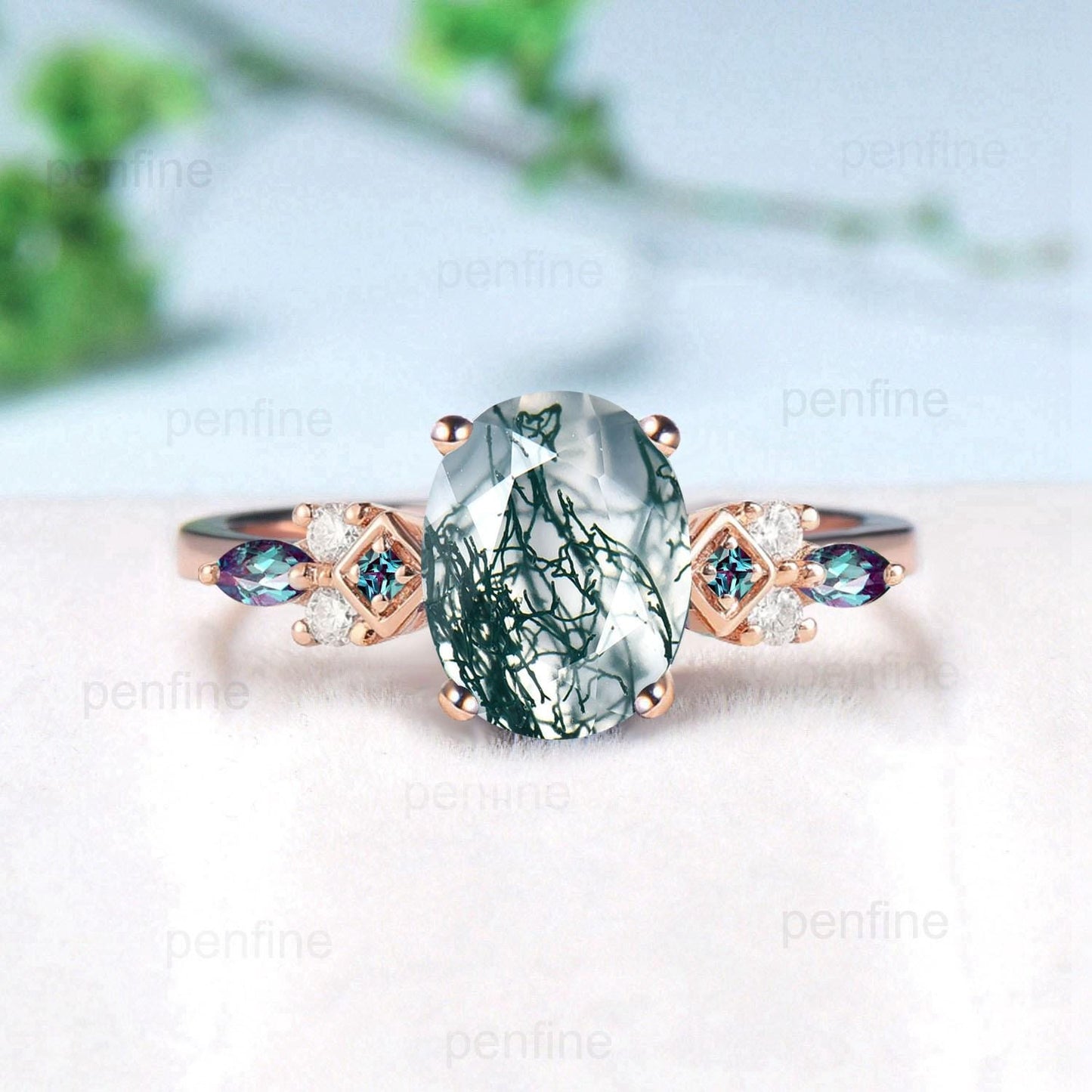 Unique 1.5ct oval natural green moss agate engagement ring cluster alexandrite wedding ring art deco promise ring gift her anniversary ring