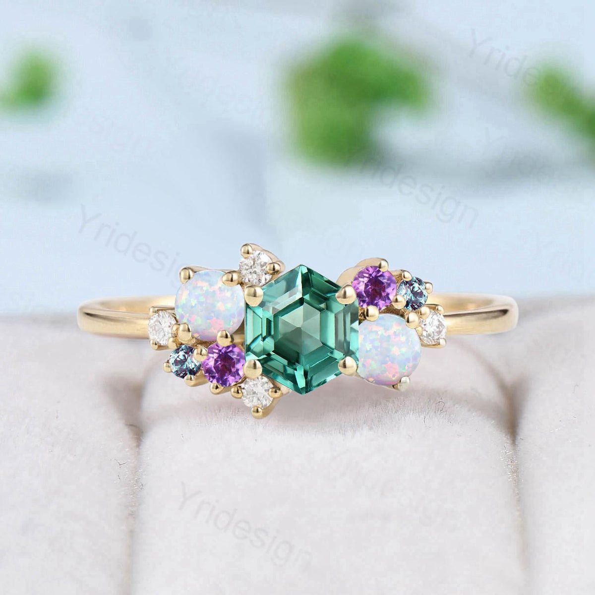 Hexagon Cut Green Sapphire Engagement Ring Silver Rose Gold 14K/18K Unique Cluster Opal Amethyst Alexandrite Wedding Ring Bridal Ring Gifts