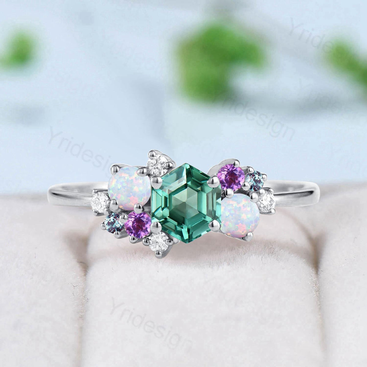 Hexagon Cut Green Sapphire Engagement Ring Silver Rose Gold 14K/18K Unique Cluster Opal Amethyst Alexandrite Wedding Ring Bridal Ring Gifts