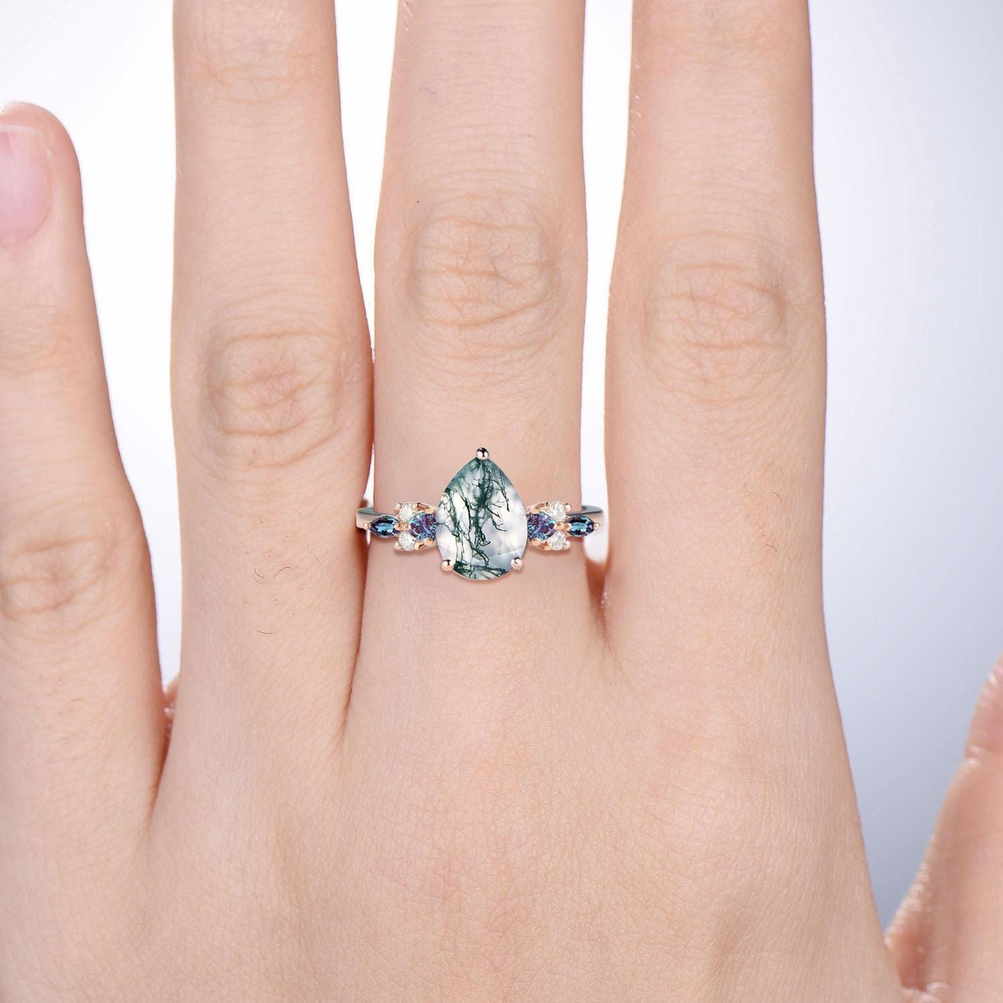 Vintage pear shaped green moss agate engagement ring cluster trillion alexandrite band wedding ring art deco green gemstone anniversary ring
