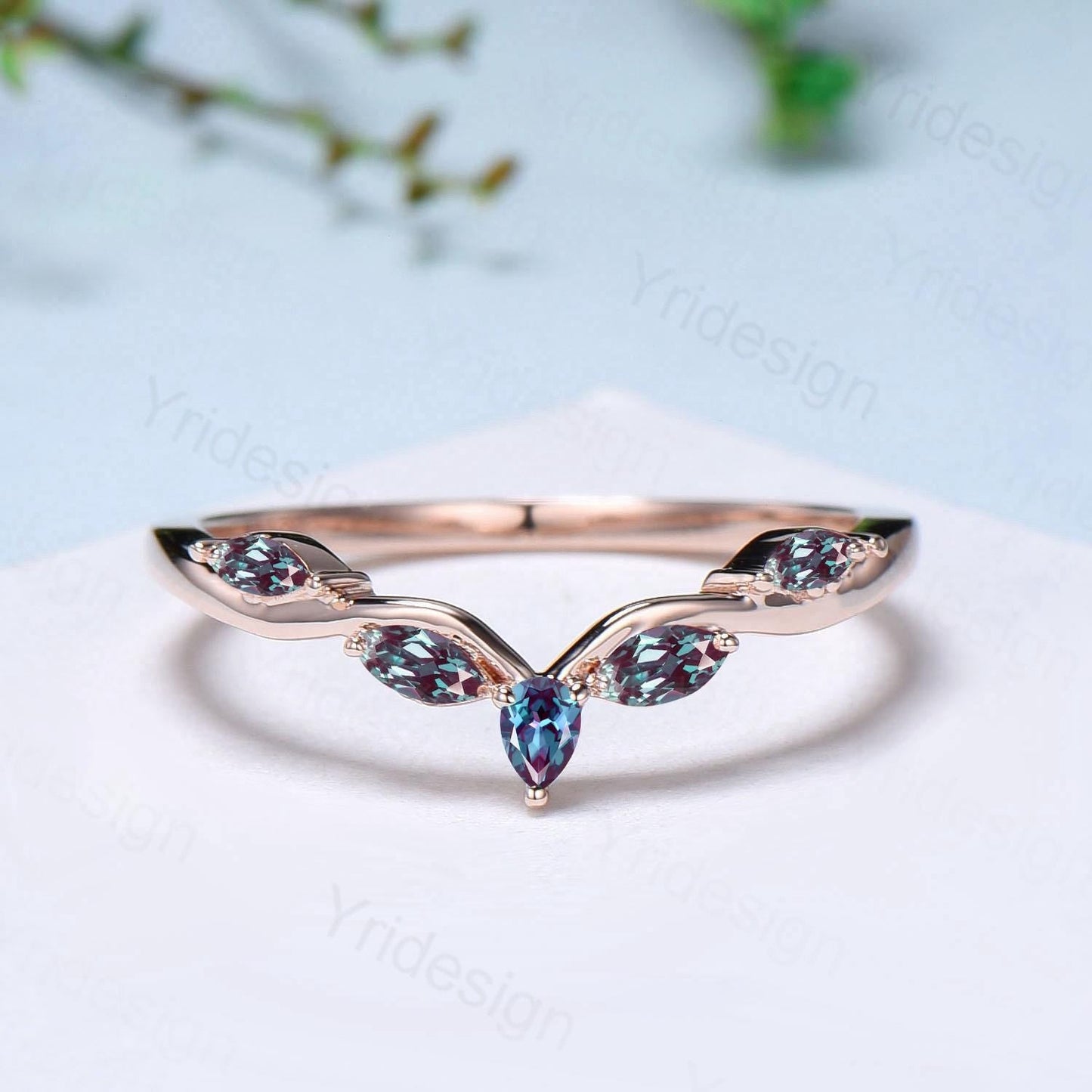 Pear Shaped And Marquise Alexandrite Wedding Band 14K Rose Gold Snowdrift Color cahnge Stone Stacking Matching Wedding Ring Anniversary gift