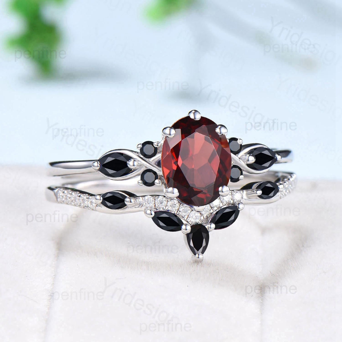 Vintage oval garnet engagement ring set 14k/18k white gold twisted unique black spinel wedding ring set art deco anniversary gift bridal set