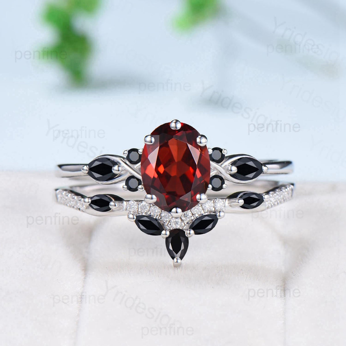 Vintage oval garnet engagement ring set 14k/18k white gold twisted unique black spinel wedding ring set art deco anniversary gift bridal set