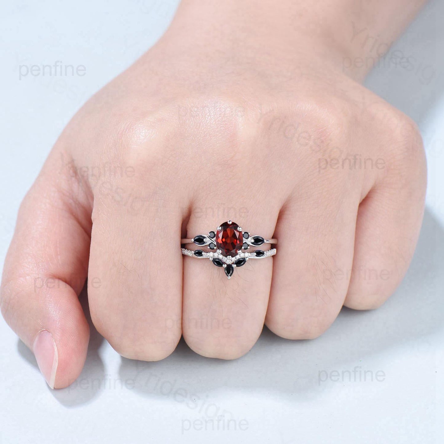 Vintage oval garnet engagement ring set 14k/18k white gold twisted unique black spinel wedding ring set art deco anniversary gift bridal set