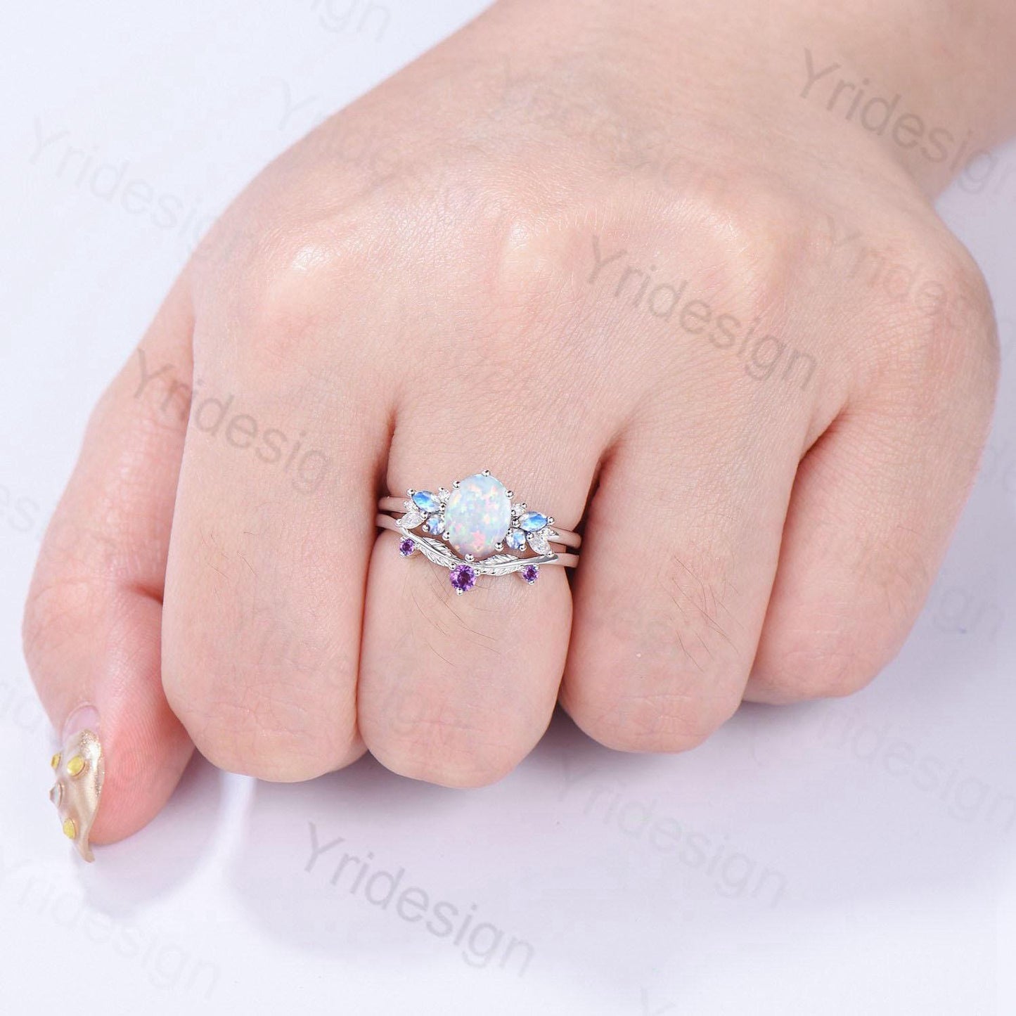 Unique White Opal Engagement Ring Set, 14k White Gold Moonstone Opal Birthstone Wedding Set, Leaf Amethyst Promise Stacking Band Bridal Set