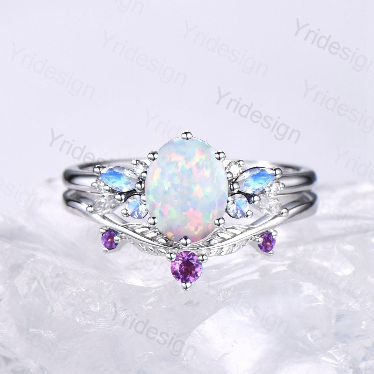 Unique White Opal Engagement Ring Set, 14k White Gold Moonstone Opal Birthstone Wedding Set, Leaf Amethyst Promise Stacking Band Bridal Set