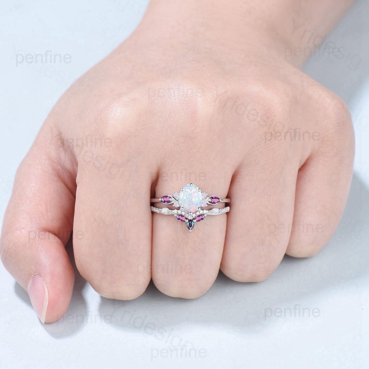 Vintage oval opal engagement ring set 14k white gold twisted unique fire opal amethyst wedding ring set art deco anniversary gift bridal set