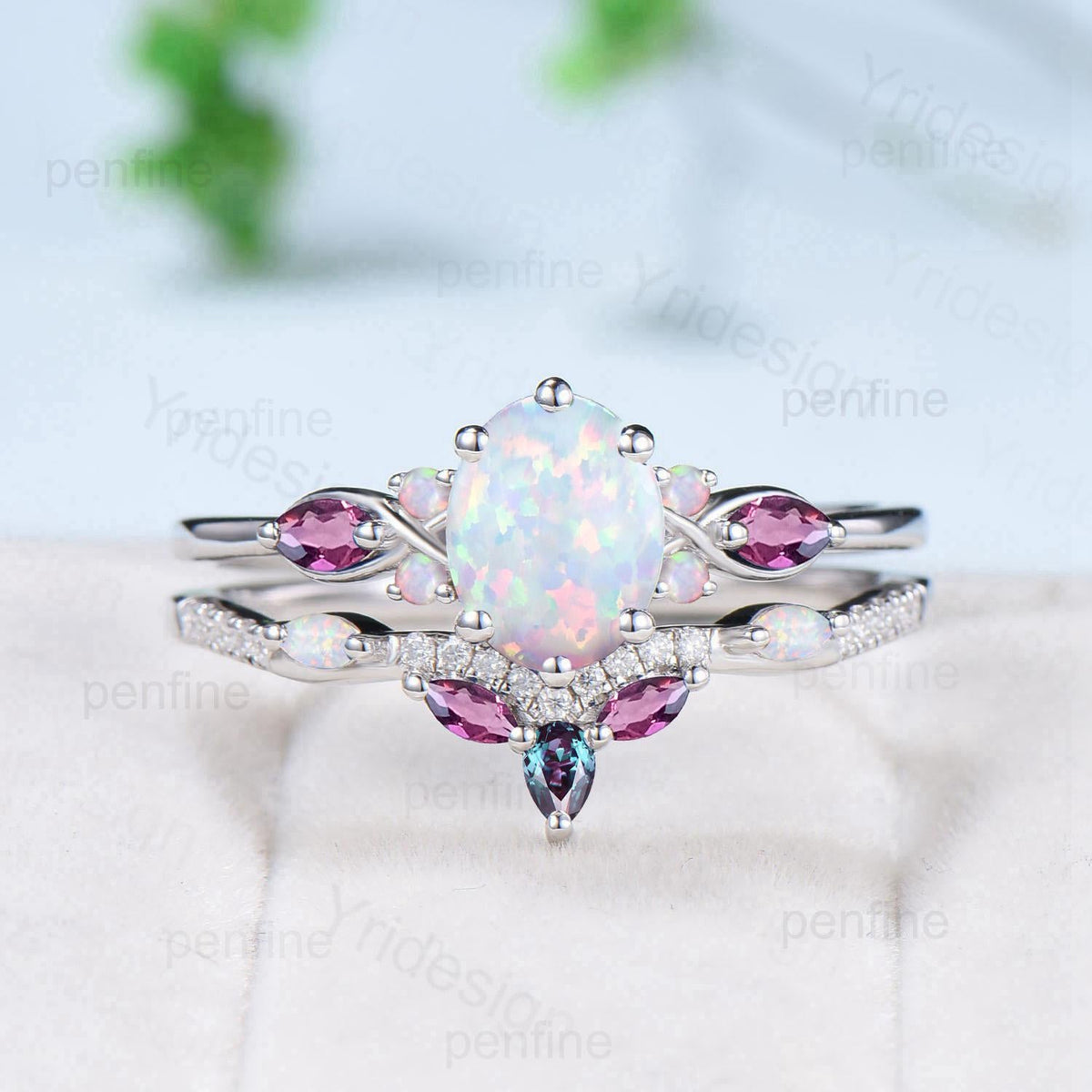 Vintage oval opal engagement ring set 14k white gold twisted unique fire opal amethyst wedding ring set art deco anniversary gift bridal set
