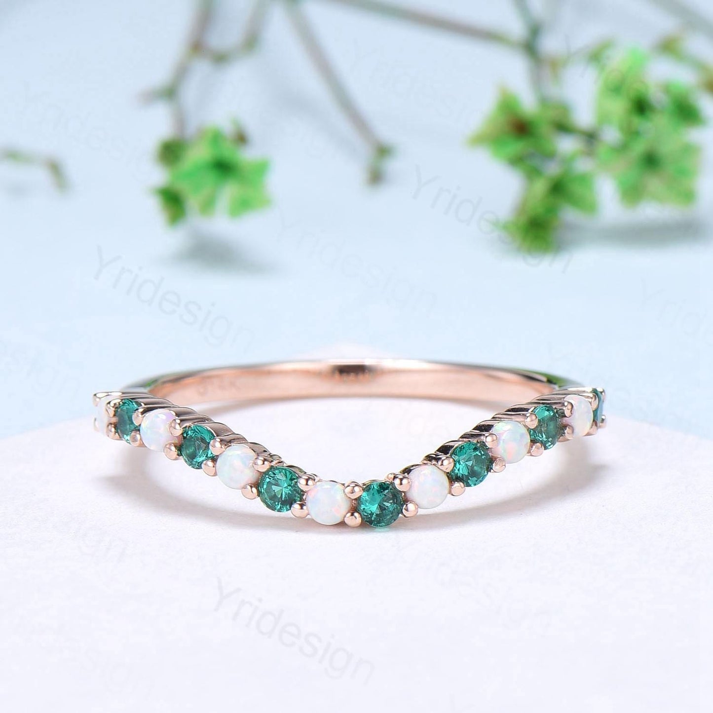 Curved opal wedding ring half eternity opal emerald wedding band silver 14k rose gold anniversary ring stacking band for hexagon cut ring