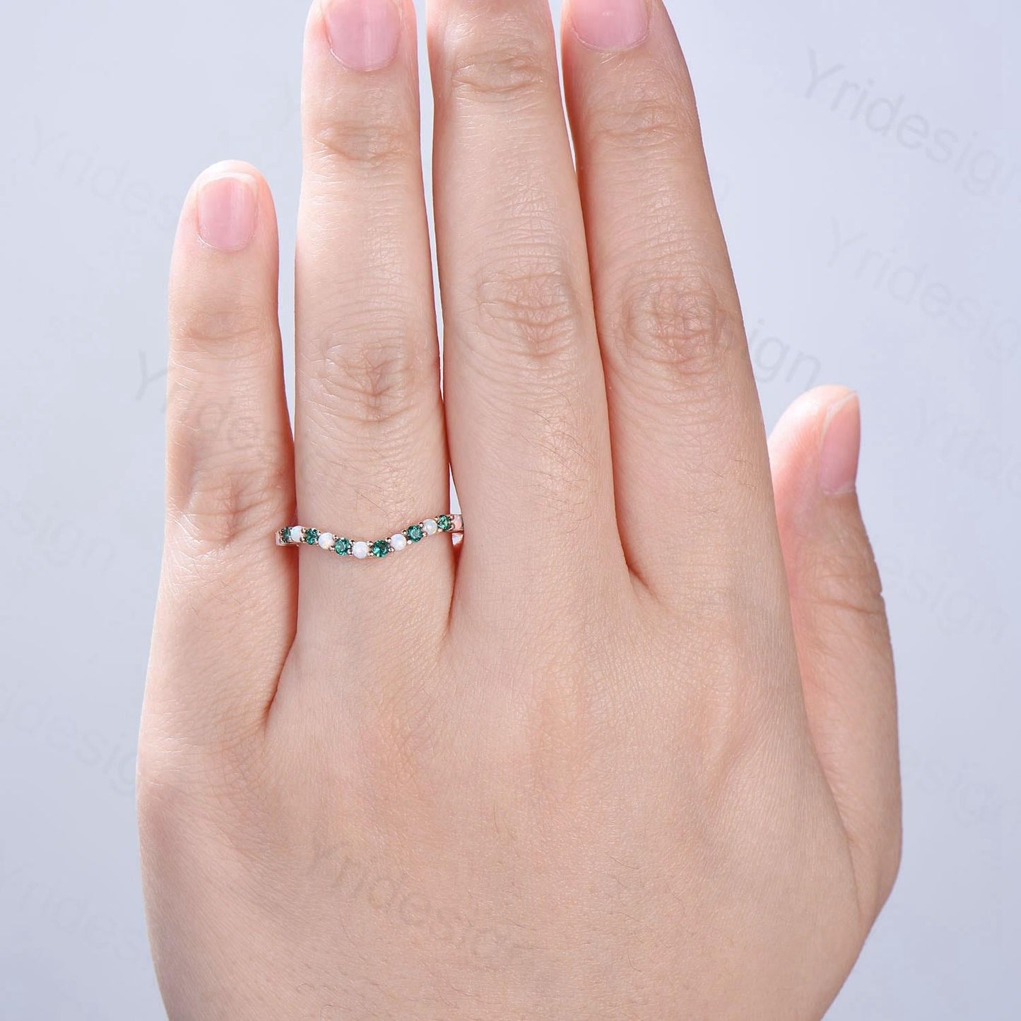 Curved opal wedding ring half eternity opal emerald wedding band silver 14k rose gold anniversary ring stacking band for hexagon cut ring