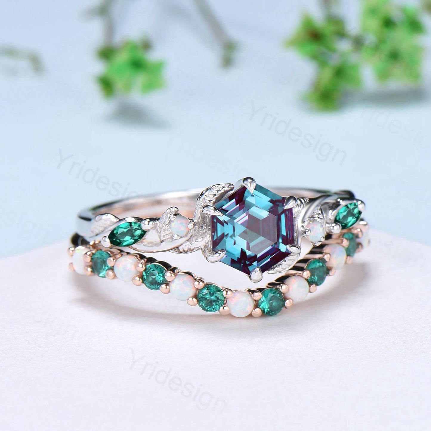 Curved opal wedding ring half eternity opal emerald wedding band silver 14k rose gold anniversary ring stacking band for hexagon cut ring