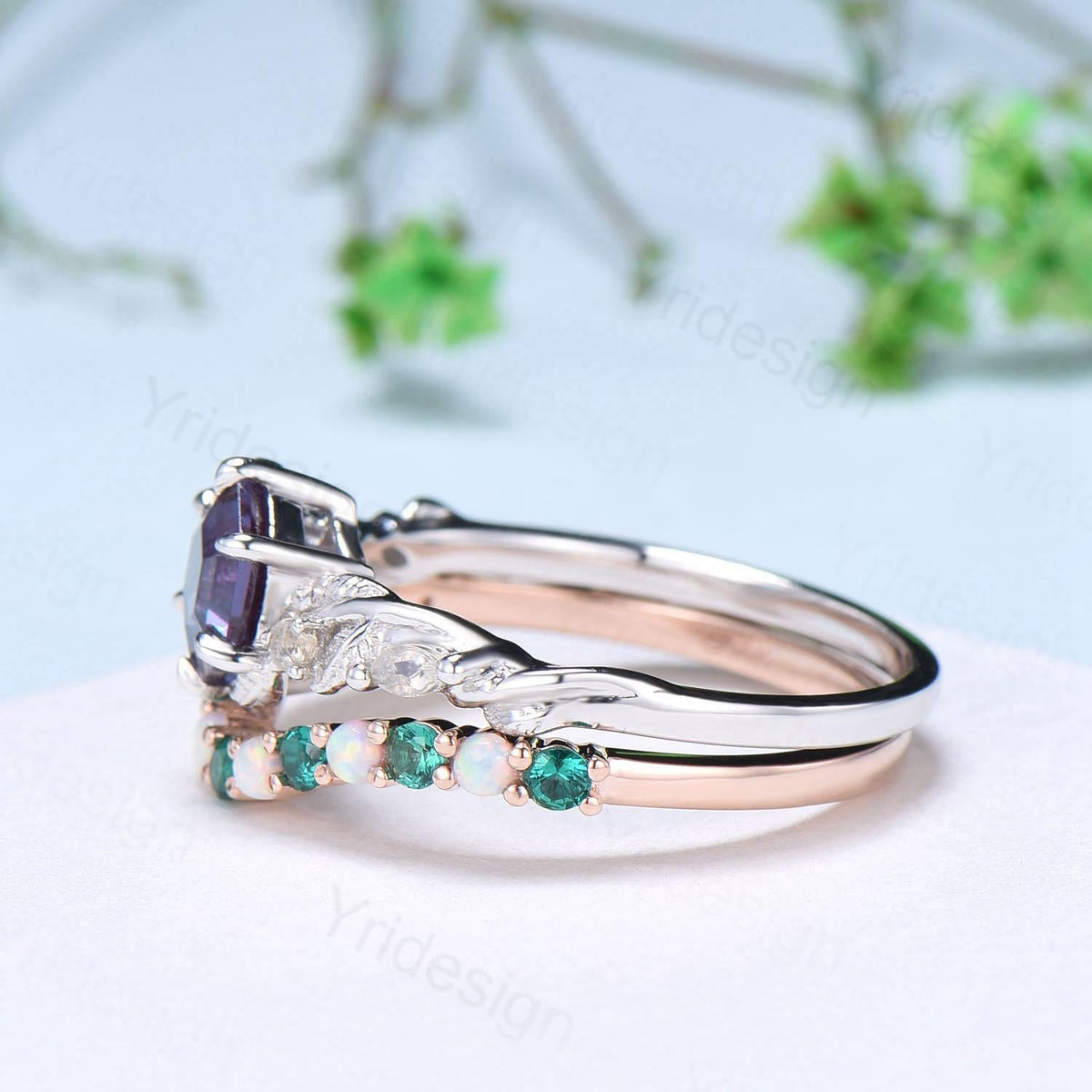 Unique Hexagon Cut Alexandrite Engagement Ring Set Nature Inspired Jewelry 14K Rose Gold Twig Vine Opal Emerald Bridal Set June Birthstone