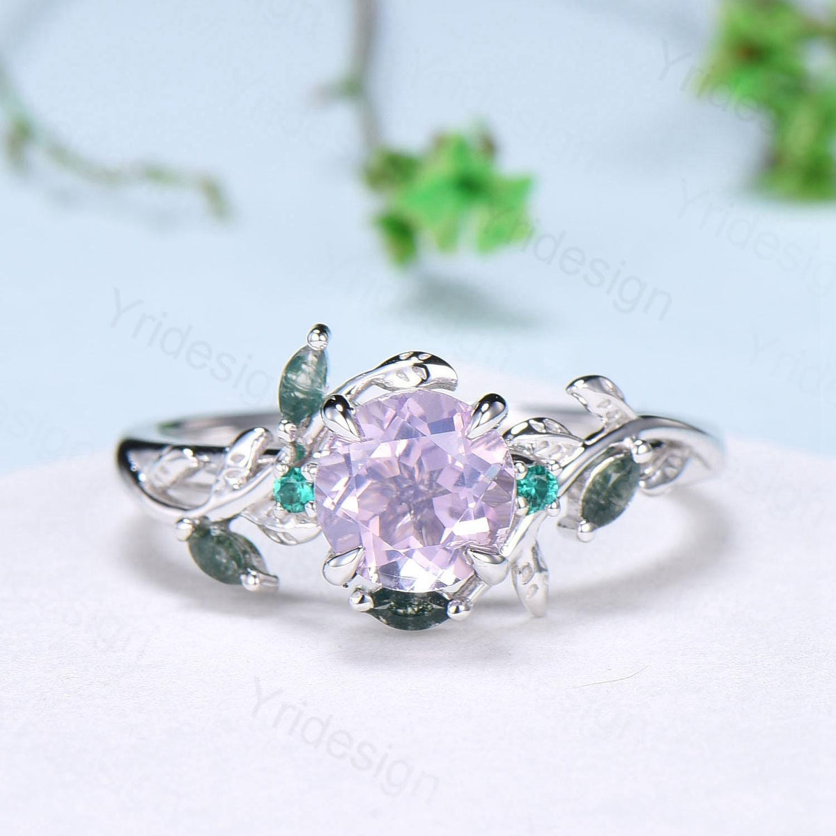 Unique Round Lavender Amethyst Engagement Ring Silver 14K White Gold Nature Inspired Green Moss Agate Emerald Wedding Ring Twig Vine Ring