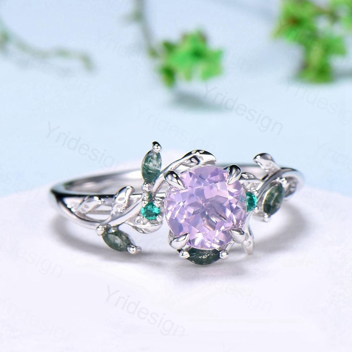 Unique Round Lavender Amethyst Engagement Ring Silver 14K White Gold Nature Inspired Green Moss Agate Emerald Wedding Ring Twig Vine Ring
