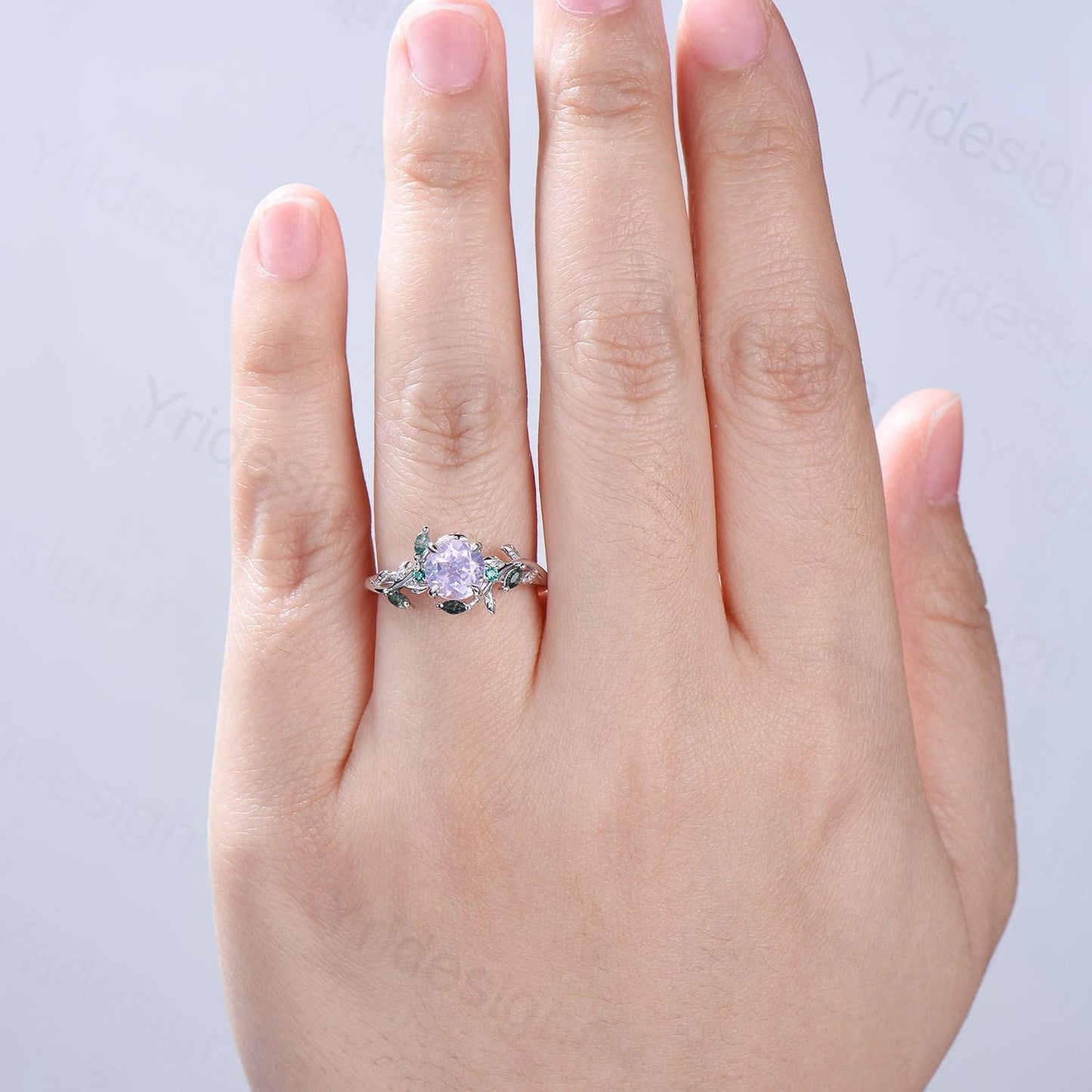Unique Round Lavender Amethyst Engagement Ring Silver 14K White Gold Nature Inspired Green Moss Agate Emerald Wedding Ring Twig Vine Ring