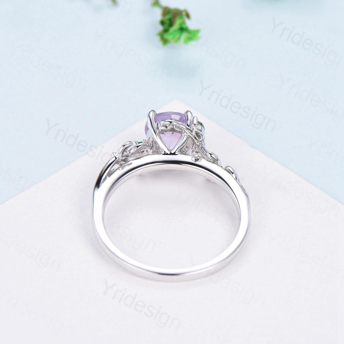 Unique Round Lavender Amethyst Engagement Ring Silver 14K White Gold Nature Inspired Green Moss Agate Emerald Wedding Ring Twig Vine Ring